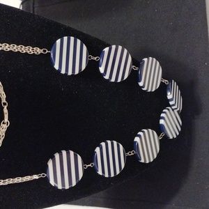 Silver Tone Navy Blue & White Striped Acrylic Necklace